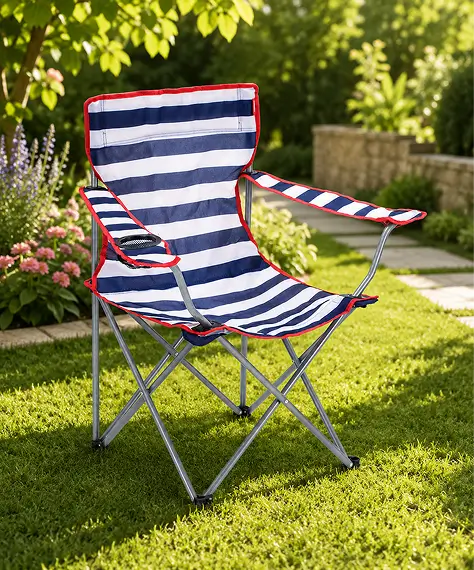Lightweight Striped Folding Camping Chair with Armrests & Built-In Cup Holder for Outdoor Use