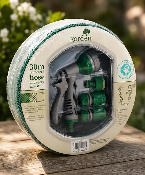 30m Green PVC Garden Hose with Spray Nozzle – Flexible Watering Hose for Plants & Lawns