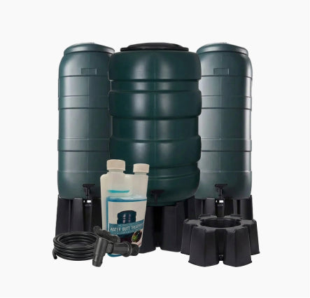 Green Outdoor Rainwater Butts with Full Stand Kit and Treatment Cleaner