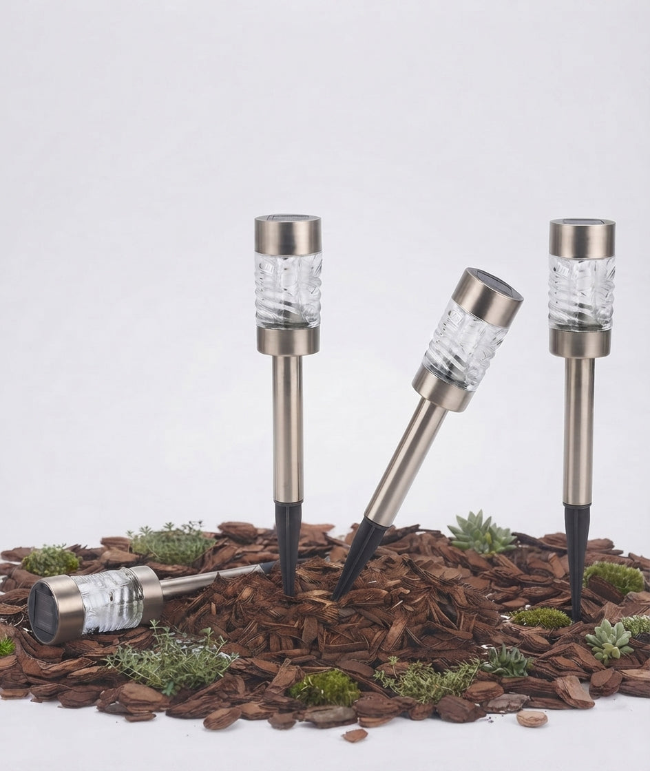 Martini Solar Garden Path Lights 4 Pack Stainless Steel & Glass Outdoor Stake Lamps