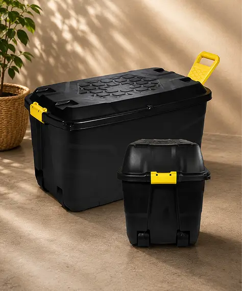 Large Heavy-Duty Black Storage Trunks – Indoor & Outdoor Containers with Lids, Wheels & Yellow Handles