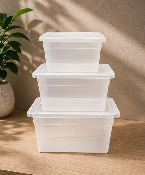 Selection of Clear Stackable Plastic Storage Boxes – 22L, 64L & 96L Transparent Containers with Lids