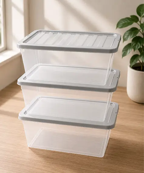 Set of 5 Large 62L Clear Plastic Storage Boxes – Home & Office Containers with Silver Lids