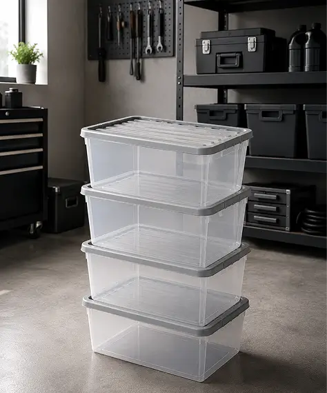 Set of 4 Underbed 32L Plastic Storage Containers – Home & Office Organisers with Silver Lids