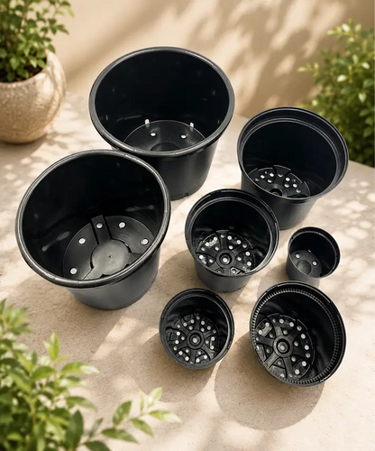 Black Round Plastic Plant Pots – Durable Flower Pots with Drainage Holes & Reinforced Rims