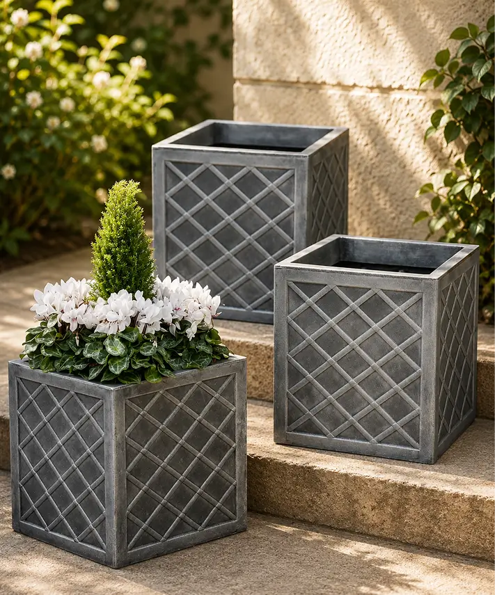 32cm Pewter Grey Lazio Square Planter – Stylish Flower Pot for Indoor & Outdoor Use