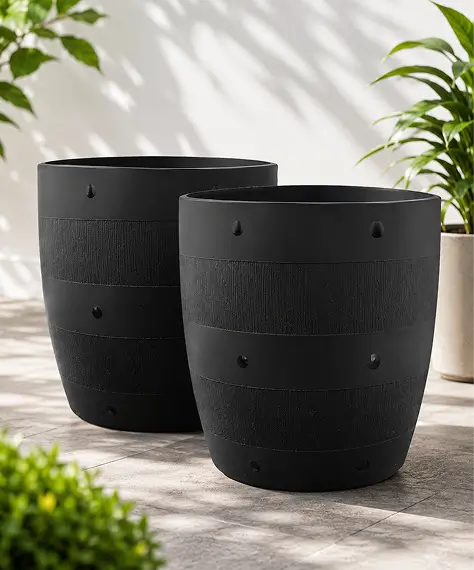 Strong Round Black Plastic Barrel Planters – Multipurpose Pots for Flowers, Plants & Gardening