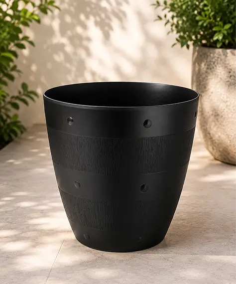 Strong Round Black Plastic Barrel Planters – Multipurpose Pots for Flowers, Plants & Gardening