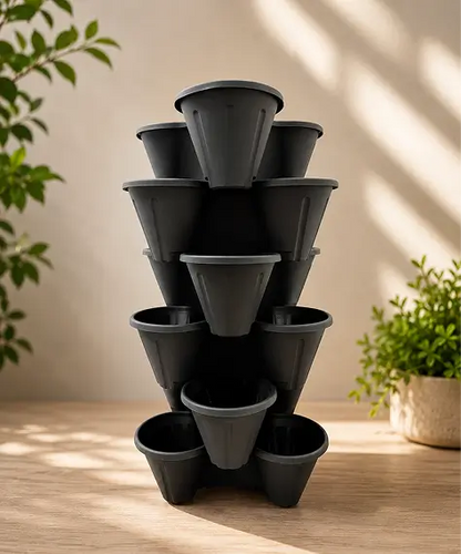Tri-Pot Stacking Strawberry Planters – Black or Terracotta Pots for Flowers, Herbs & Vegetables