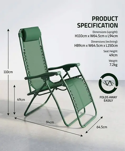 Weatherproof Zero Gravity Reclining Sun Lounger with Headrest – Garden, Patio & Camping Chair