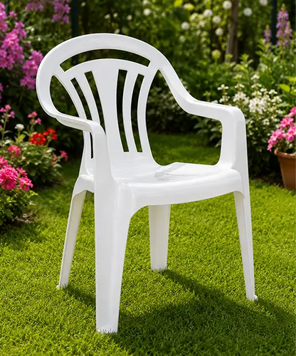 Stackable White Plastic Low Back Chairs for Indoor Dining, Patio & Garden Seating