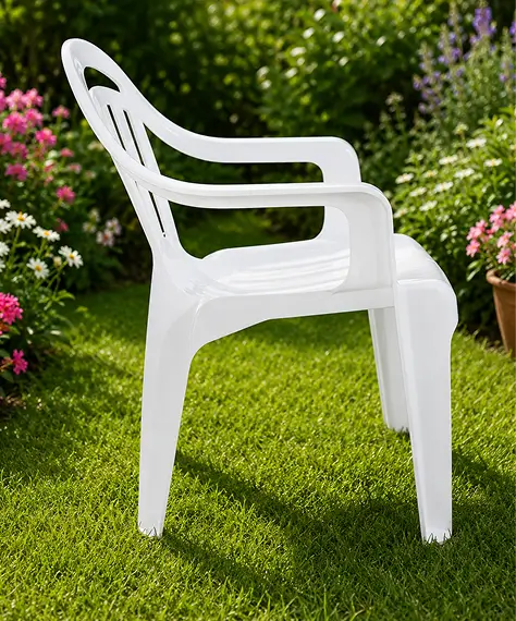 Stackable White Plastic Low Back Chairs for Indoor Dining, Patio & Garden Seating
