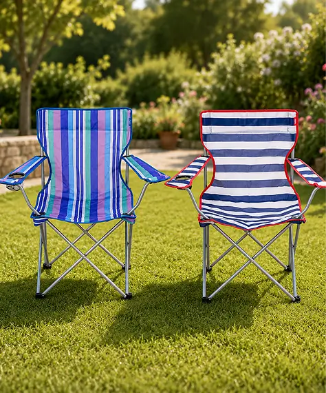 Lightweight Striped Folding Camping Chair with Armrests & Built-In Cup Holder for Outdoor Use