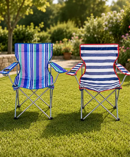 Lightweight Striped Folding Camping Chair with Armrests & Built-In Cup Holder for Outdoor Use