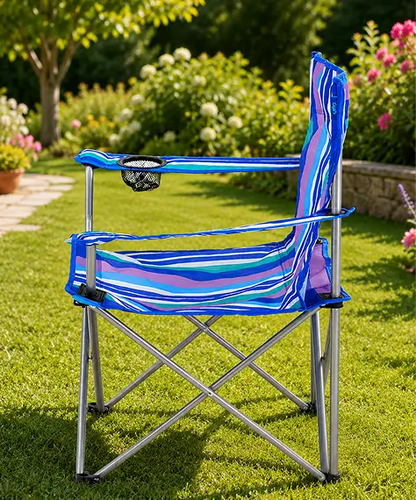 Lightweight Striped Folding Camping Chair with Armrests & Built-In Cup Holder for Outdoor Use
