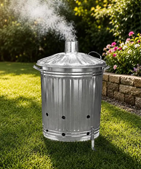 Heavy-Duty Galvanised Steel Garden Incinerator Bin with Lid & Carry Handles for Waste Burning