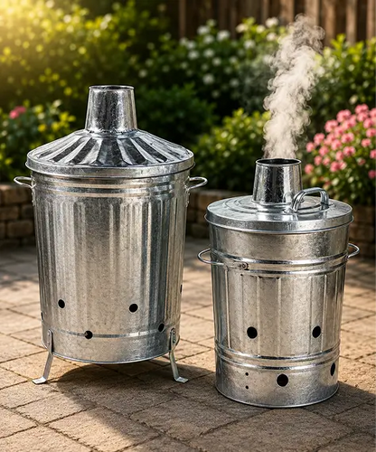 Heavy-Duty Galvanised Steel Garden Incinerator Bin with Lid & Carry Handles for Waste Burning