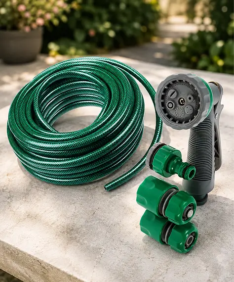 30m Green PVC Garden Hose with Spray Nozzle – Flexible Watering Hose for Plants & Lawns