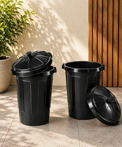 80L Heavy-Duty Shatter-Resistant Storage Dustbin – Large Black Bin with Secure Lid