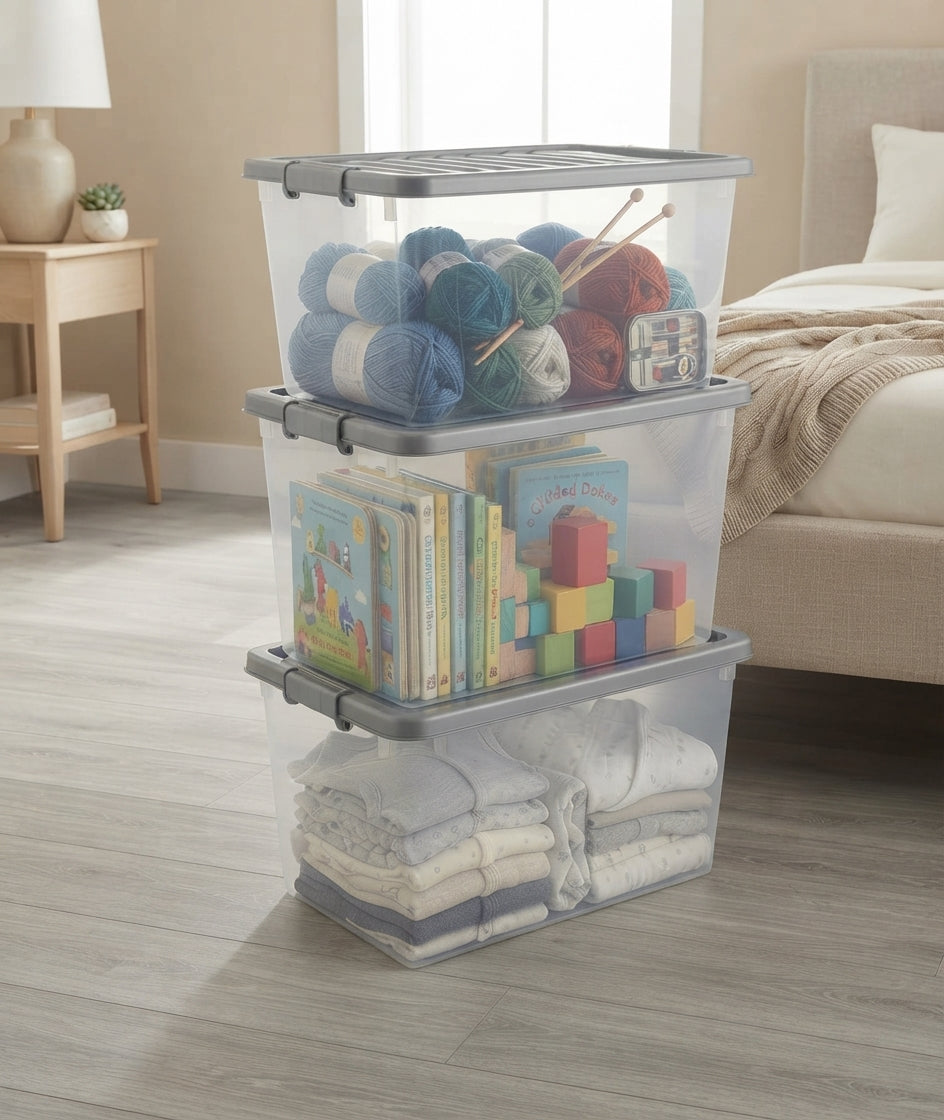 5 Pack 32L Large Clear Plastic Storage Boxes Lids Underbed Containers