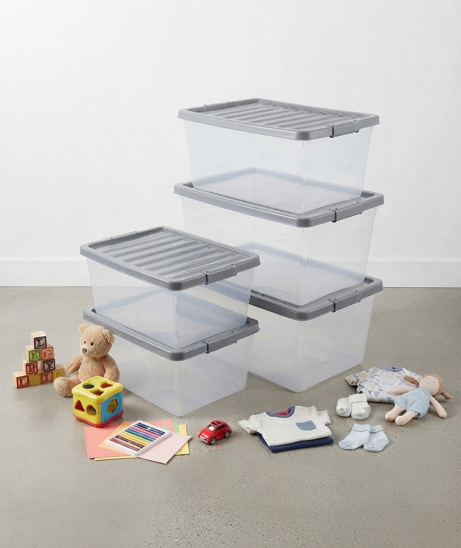 5 Pack 32L Large Clear Plastic Storage Boxes Lids Underbed Containers