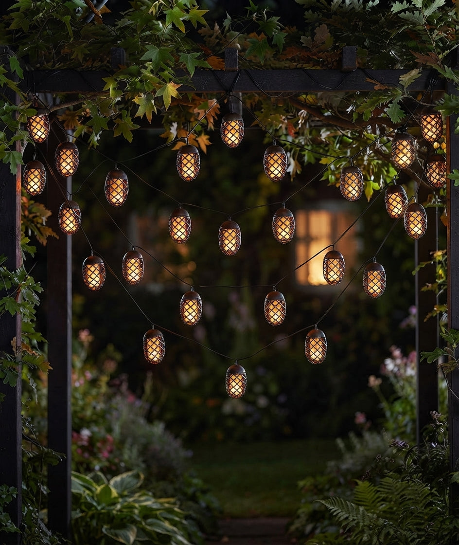 Flaming Solar String Lights 4.7m – Amber LED Flickering Flame Effect for Outdoors
