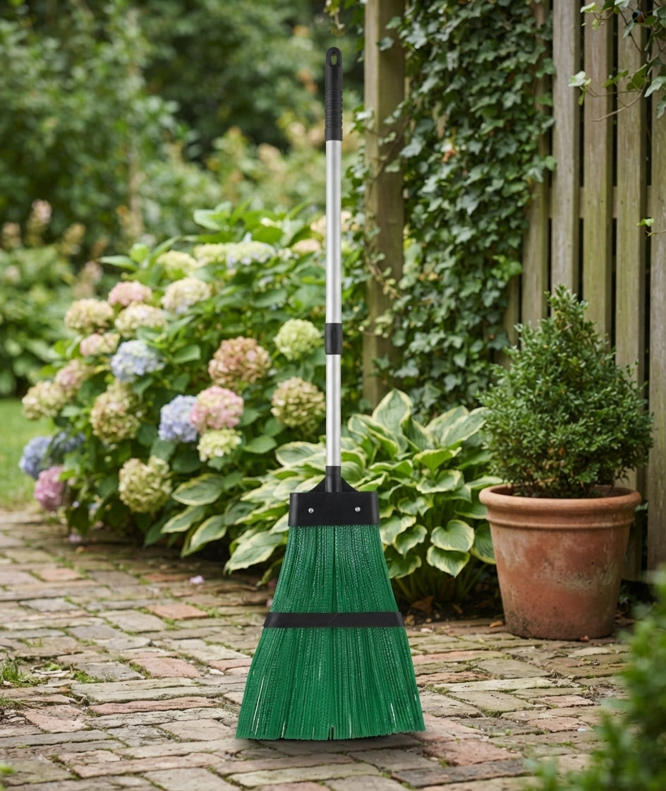 2-in-1 Telescopic Garden Broom & Leaf Rake Hard Bristle Cleaning Tool