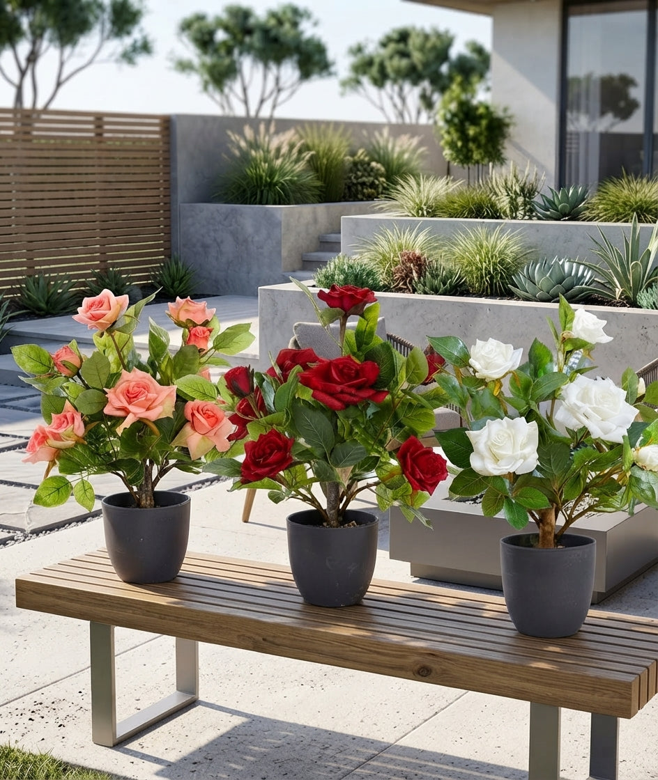 40cm Artificial Regent Roses Potted Plant - Red, Pink & White