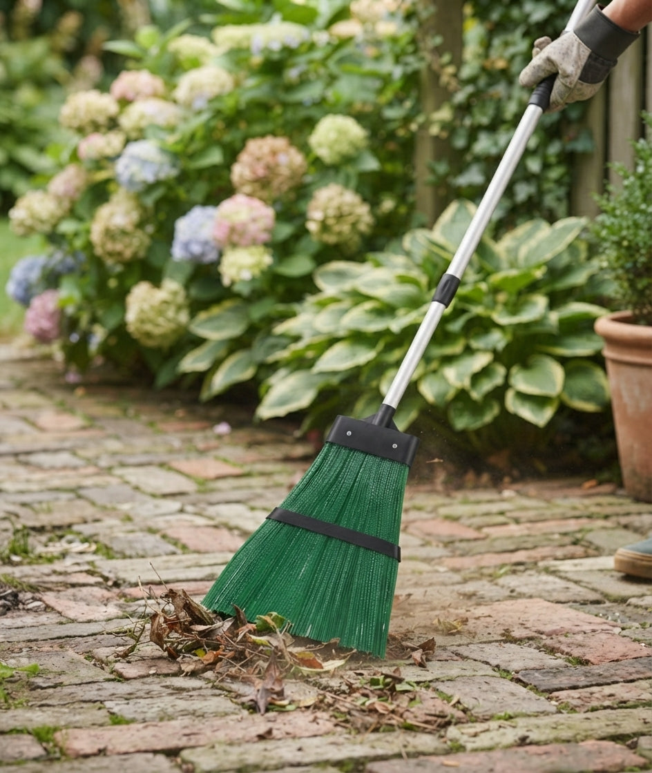 2-in-1 Telescopic Garden Broom & Leaf Rake Hard Bristle Cleaning Tool