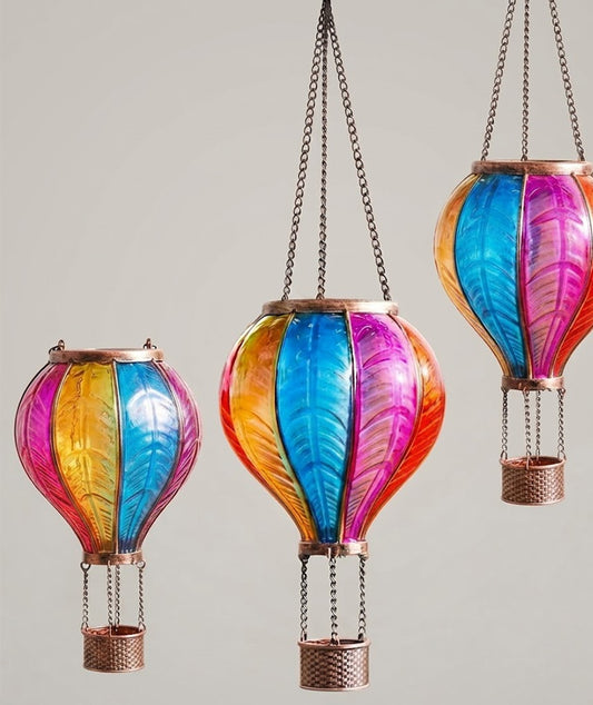 Solar Hot Air Balloon Garden Lantern Hanging Rainbow Glass LED Light with Realistic Flame