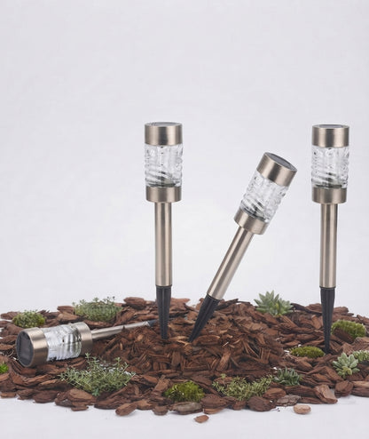 Martini Solar Garden Path Lights 4 Pack Stainless Steel & Glass Outdoor Stake Lamps