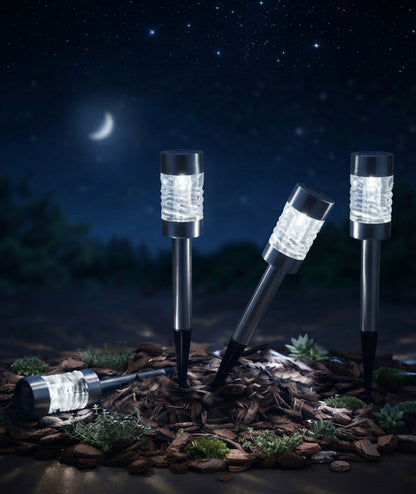 Martini Solar Garden Path Lights 4 Pack Stainless Steel & Glass Outdoor Stake Lamps