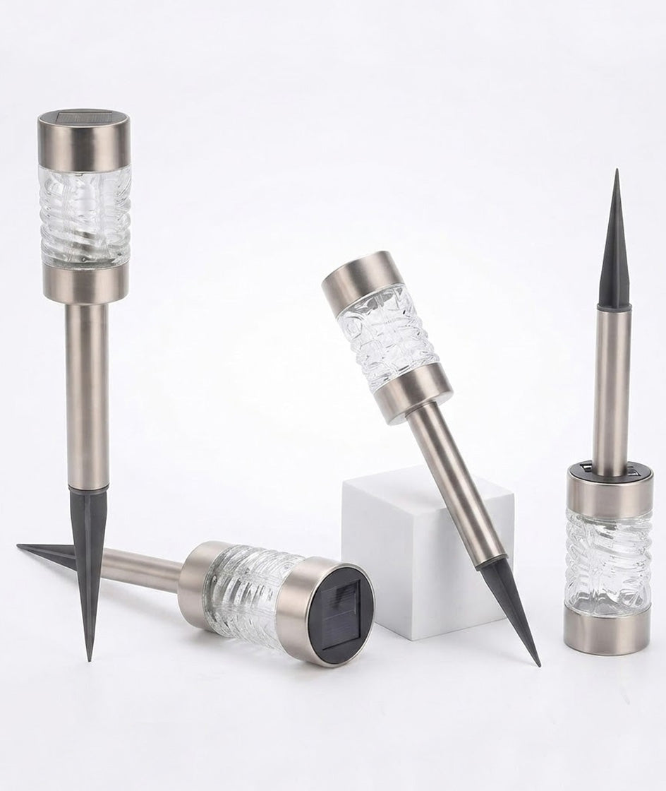 Martini Solar Garden Path Lights 4 Pack Stainless Steel & Glass Outdoor Stake Lamps