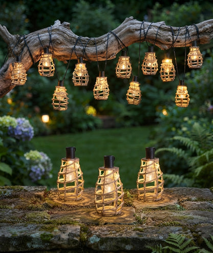 Solar String Lights Outdoor 10 LED Rustic Rattan-Inspired Hanging Lanterns