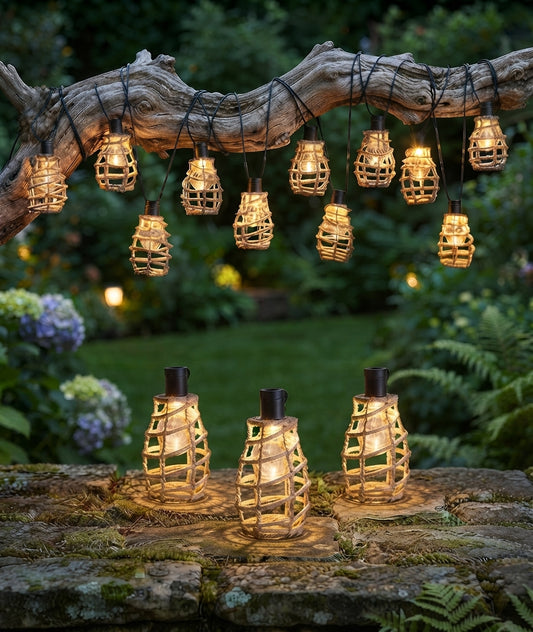 Solar String Lights Outdoor 10 LED Rustic Rattan-Inspired Hanging Lanterns