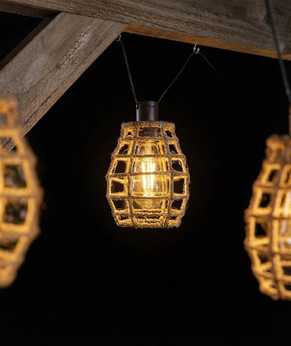 Solar String Lights Outdoor 10 LED Rustic Rattan-Inspired Hanging Lanterns
