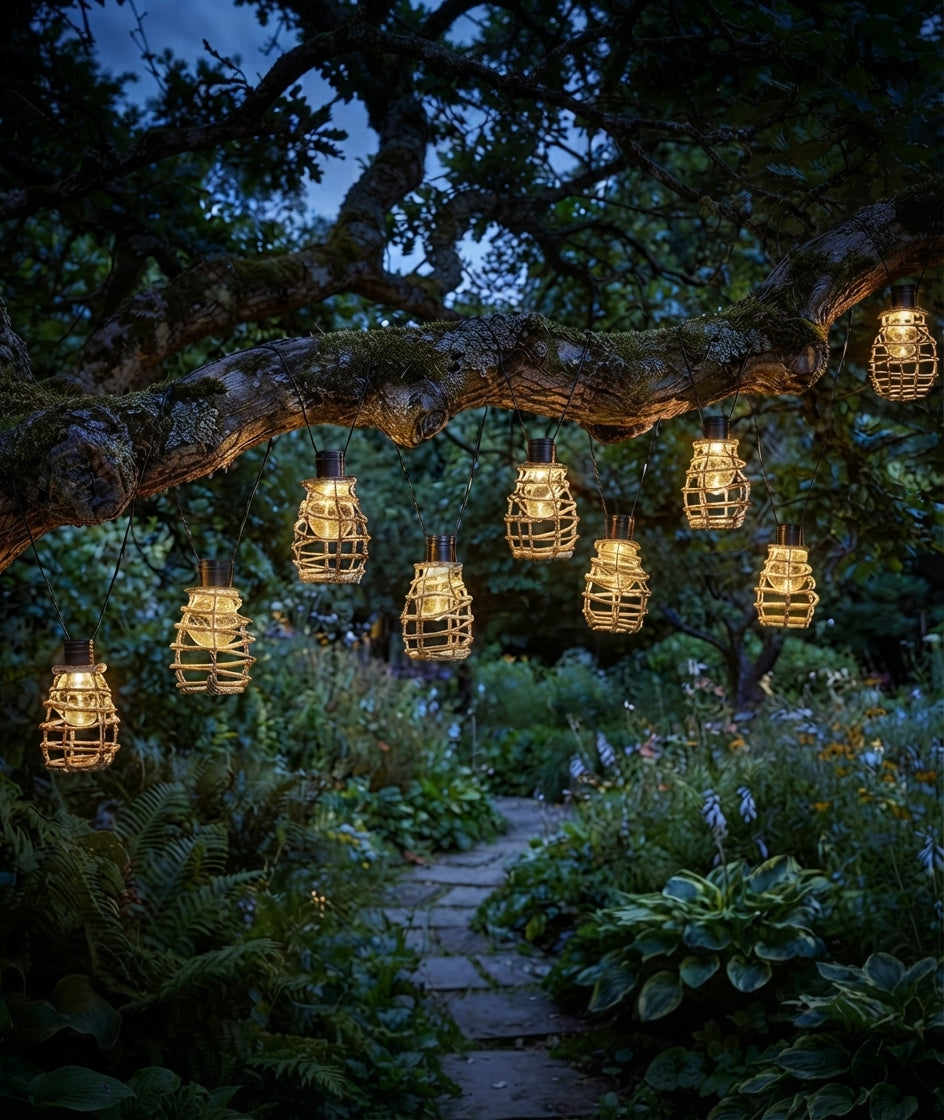 Solar String Lights Outdoor 10 LED Rustic Rattan-Inspired Hanging Lanterns