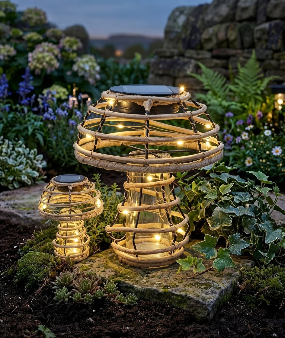 Solar Mushroom Ornament Garden Light Brown Rattan-Style Design