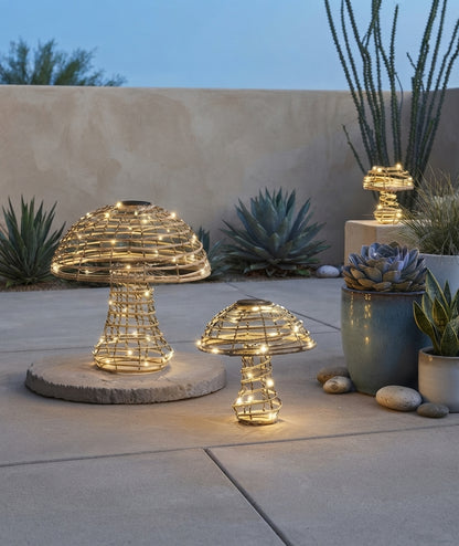 Solar Mushroom Ornament Garden Light Brown Rattan-Style Design