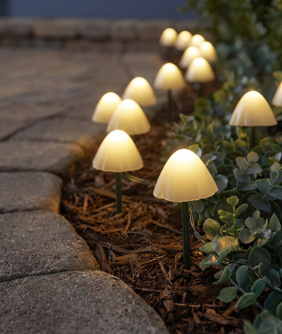Solar Mushroom Pathway Stake Lights Warm White Pearl Cap Garden Lights