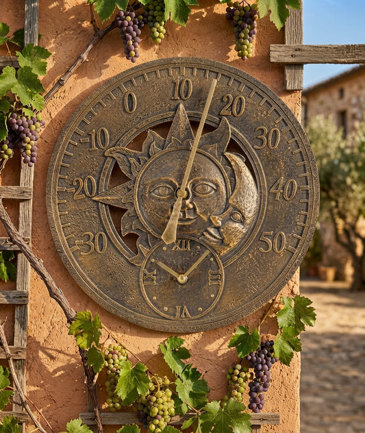 Sun & Moon Bronze Garden Thermometer Clock – Vintage Weather-Resistant Wall Decor