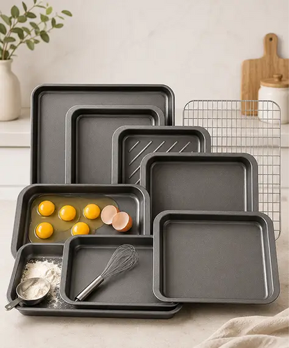 7 Piece Non-Stick BPA-Free Premium Pewter Bakeware Set with Roaster & Cooling Rack
