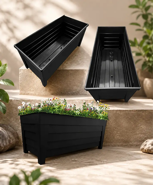 Set of 4 Black Grosvenor Trough Planters – Stylish Garden Containers for Flowers, Herbs & Plants