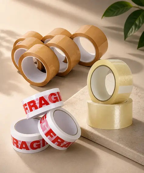 Clear, Brown & Fragile Printed Packaging Tapes – 50mm x 66m Strong Adhesive Parcel Sealing Rolls