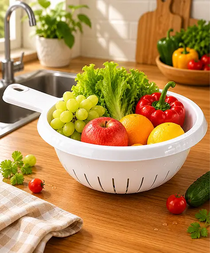 Deep Plastic Colander Basket with Handle for Draining Fruits & Vegetables
