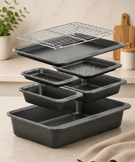 7 Piece Non-Stick BPA-Free Premium Pewter Bakeware Set with Roaster & Cooling Rack