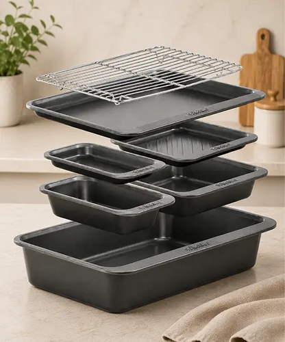 7 Piece Non-Stick BPA-Free Premium Pewter Bakeware Set with Roaster & Cooling Rack