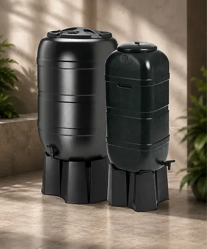 Black Outdoor Water Butts – 100L or 210L Rainwater Collectors with Stand & Complete Kit