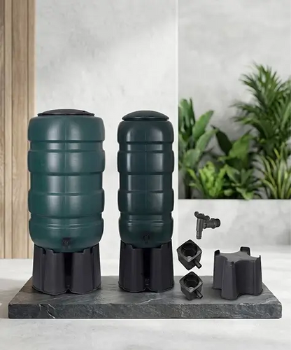 Green Outdoor Water Butts – Complete Rainwater Harvesting Set with Stand & Installation Kit