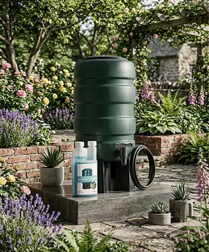 Green Water Butt Selection – Rainwater Harvesting Kits with Stand, Installation Kit & Treatment Cleaner